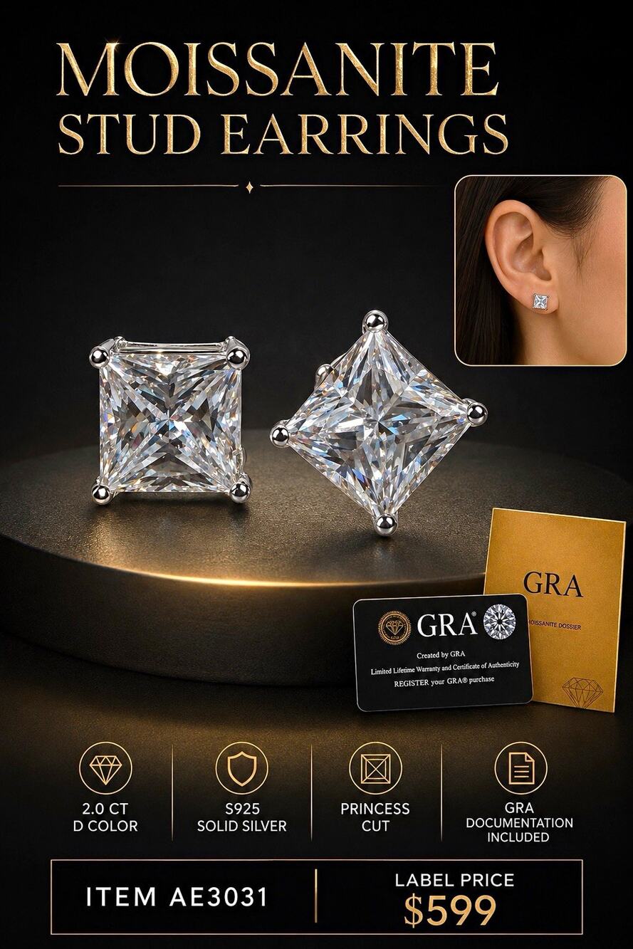 Moissanite Princess Cut Stud Earrings - 925 Silver, Prong, GRA, AE3031